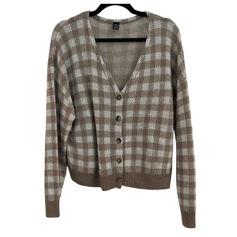 SHEIN Plaid Button Downโ V Neck Cardigan Light Brown/Cream